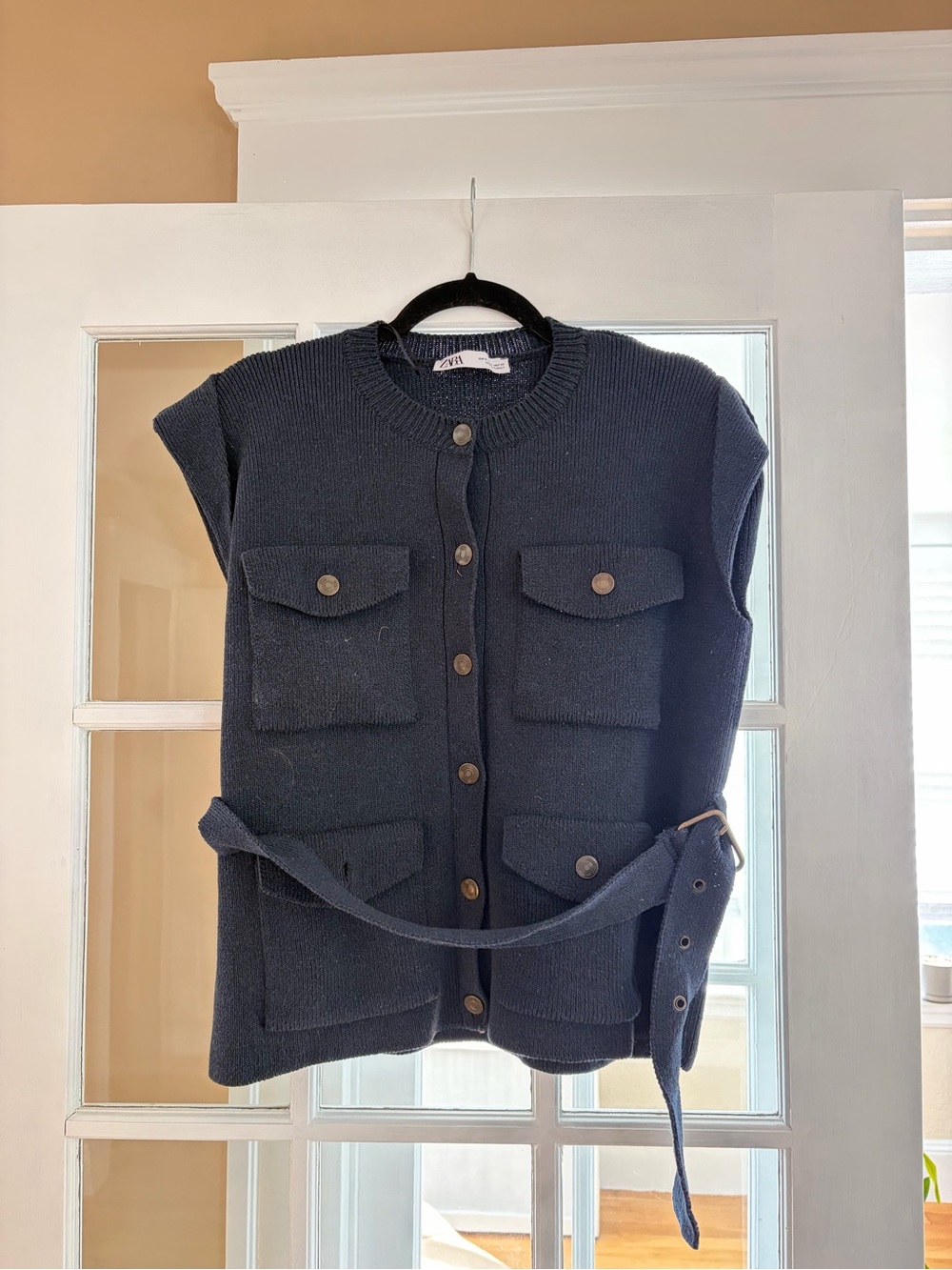 Zara Navy Button-Front Knit Vest with Belted Waist Pockets